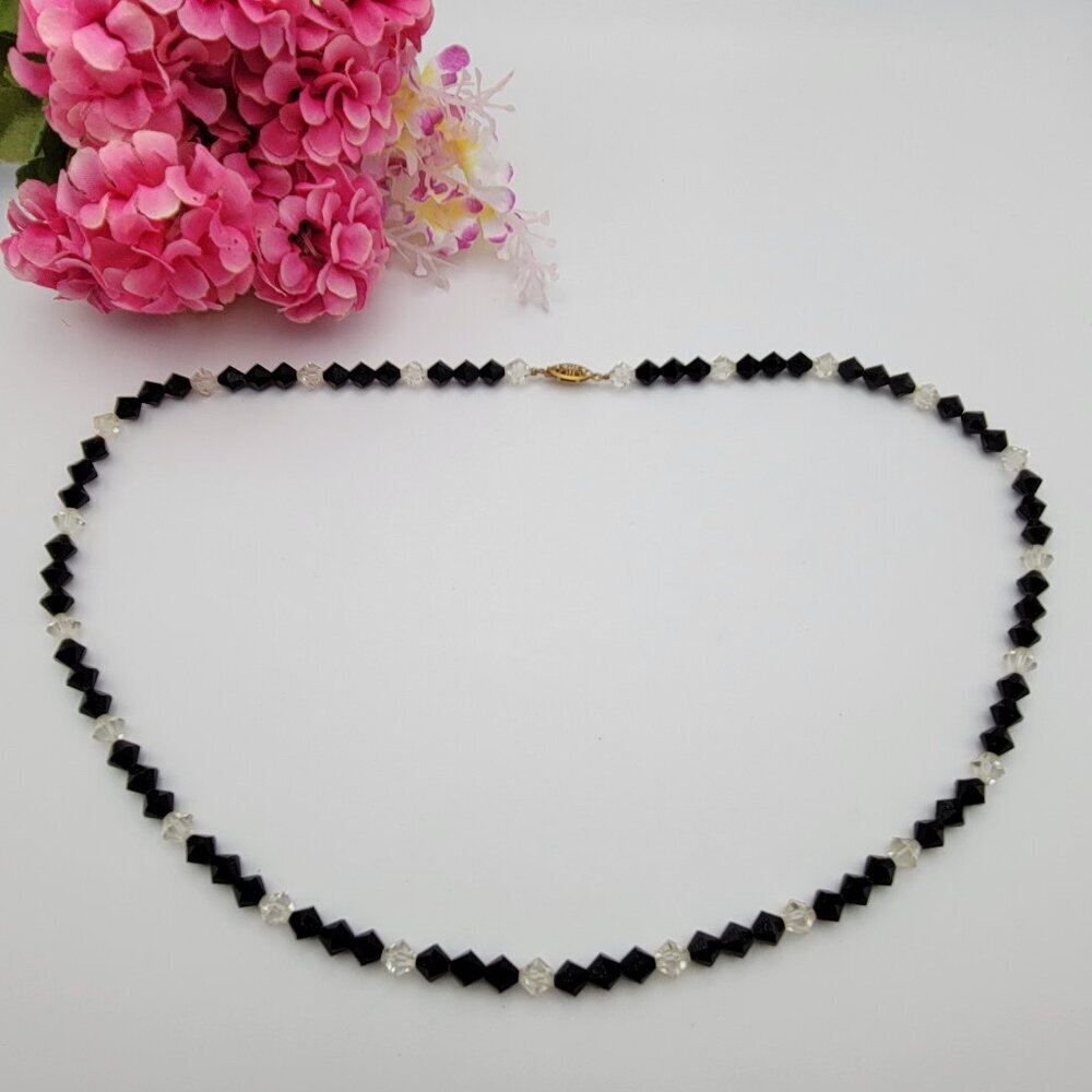 Black & Clear Faceted Crystal Beaded Necklace 28" Diamond Shape Beads Art Deco